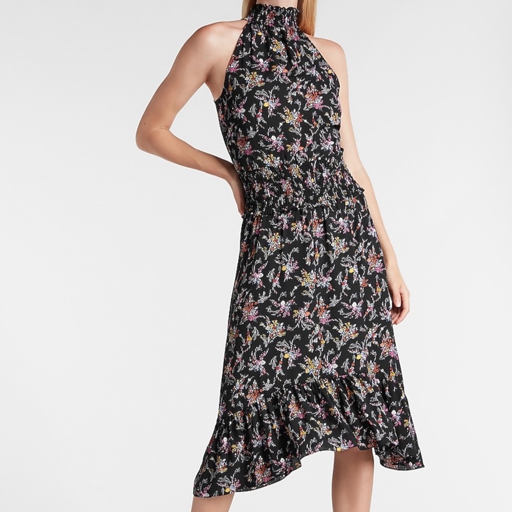 Floral High Neck Smocked Waist Midi Dress